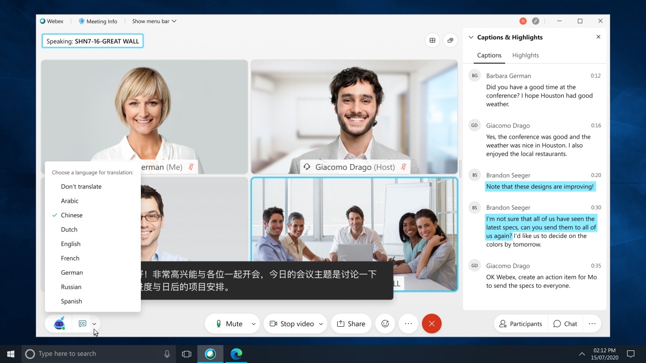real time language translations in webex